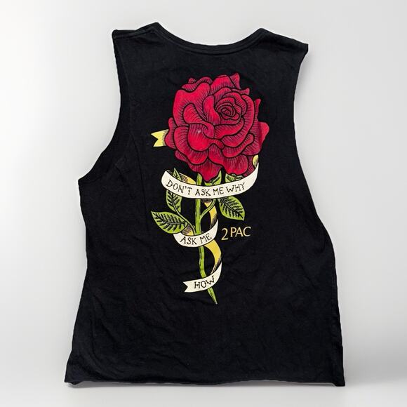 Tupac Womens LG Black Double Side Tank Top Reworked 90s Rose Rap Band Logo Lyric - Picture 2 of 3